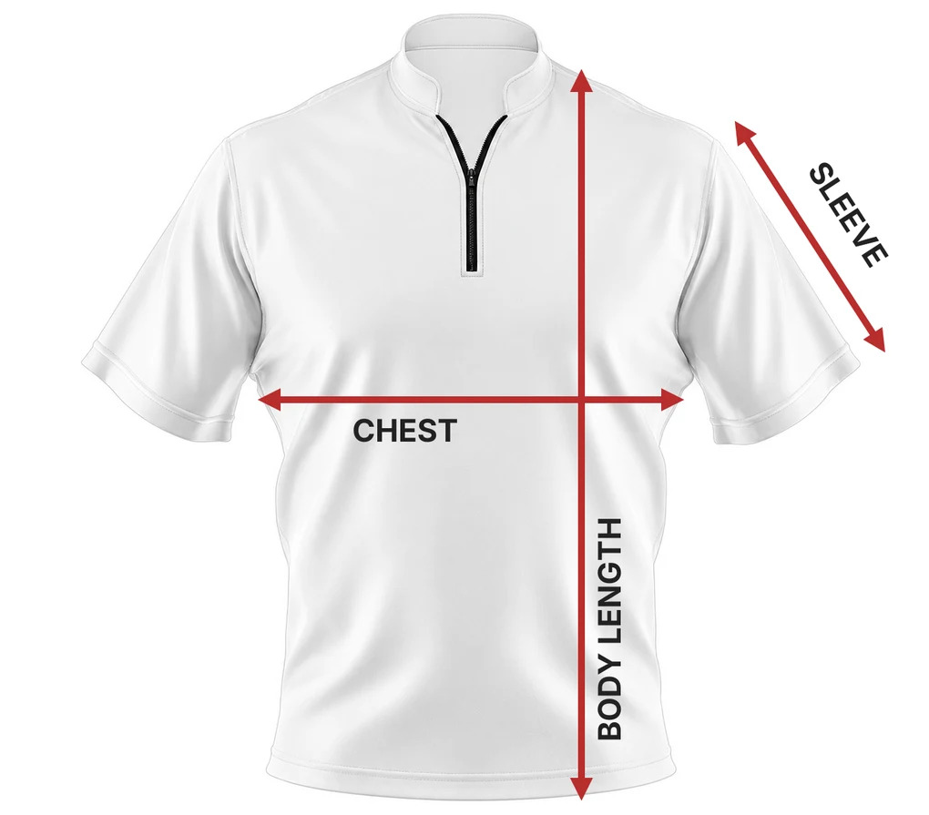 Jersey diagram showing where to measure chest, body length and sleeve.